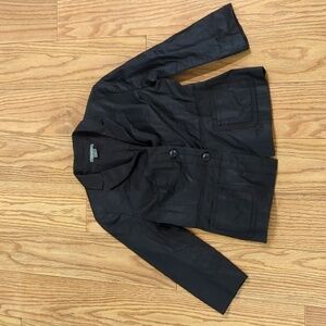 Ann Taylor black 100% cotton shiny 3/4 sleeve two-button blazer, women's 6